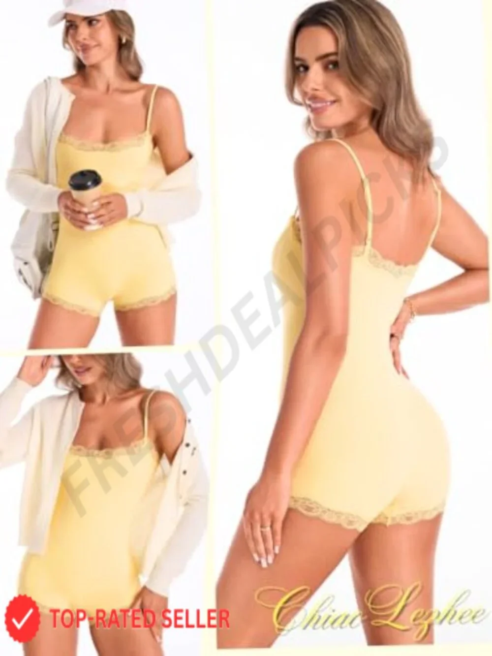 Women's Lace Trim Square Neck Romper Bodysuit, Adjustable Straps, Breathable